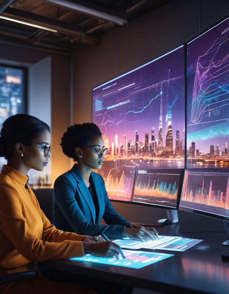 A diverse group of professionals engaging in a brainstorming session around a futuristic digital interface, showcasing charts and collaborative tools. The background features a cityscape with glowing data trails symbolizing connectivity. Bright, vibrant colors to convey energy and innovation. super-realistic. vibrant colors.