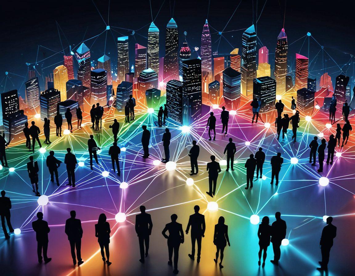 A vibrant, interconnected network of diverse people collaborating in a digital landscape, showcasing various icons representing resources, initiatives, and networking. Include a backdrop of stylized cityscapes symbolizing growth and innovation, with glowing lines connecting individuals. Bright and inviting colors to convey a sense of community and collaboration. super-realistic. vibrant colors. 3D.