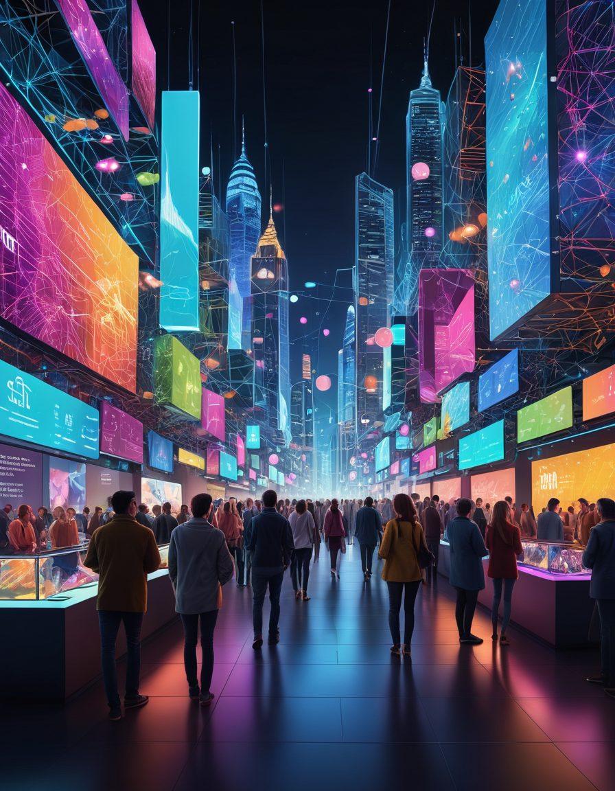 A bustling digital marketplace filled with diverse people exchanging ideas and technology, featuring vibrant holographic displays that depict various GAI platforms and communities. Include symbols of collaboration, innovation, and creativity, such as lightbulbs and interconnected networks. The scene should radiate a sense of energy and growth, with an abstract city skyline in the background. super-realistic. vibrant colors.